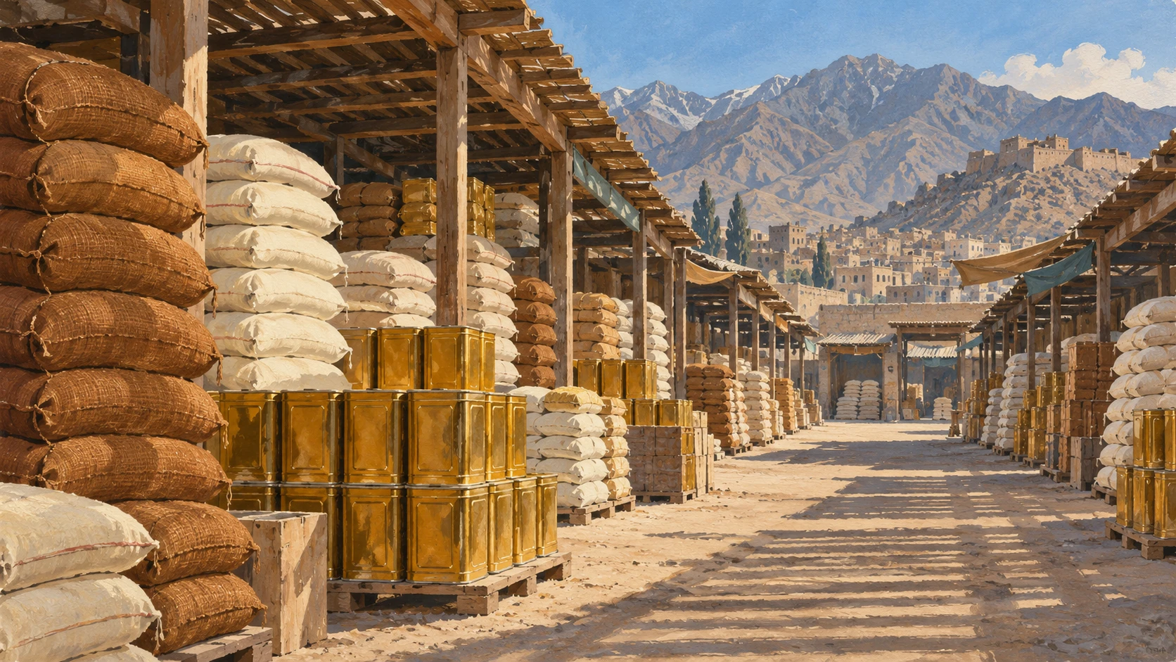 Documentary scene of a bustling Kabul grocery and fruit bazaar with price boards, dry goods sacks, and street market activity.
