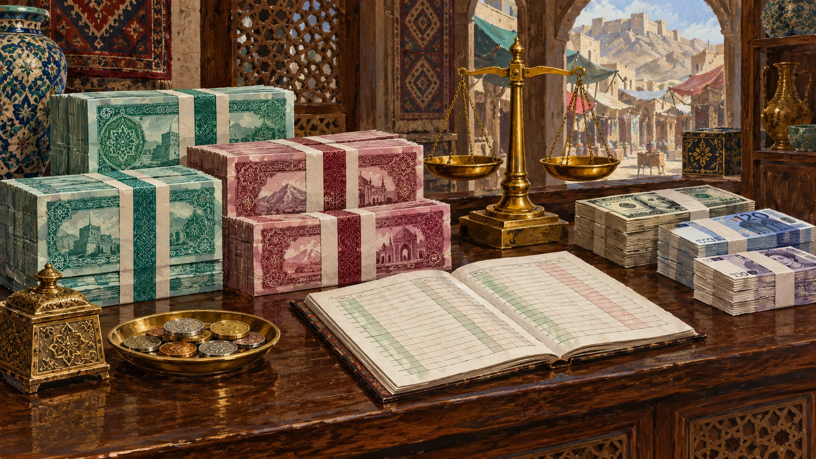 Architectural documentary view of an open-air money changer booth in Sarai Shahzada Kabul with foreign currency bundles, counting tables, and ledgers.