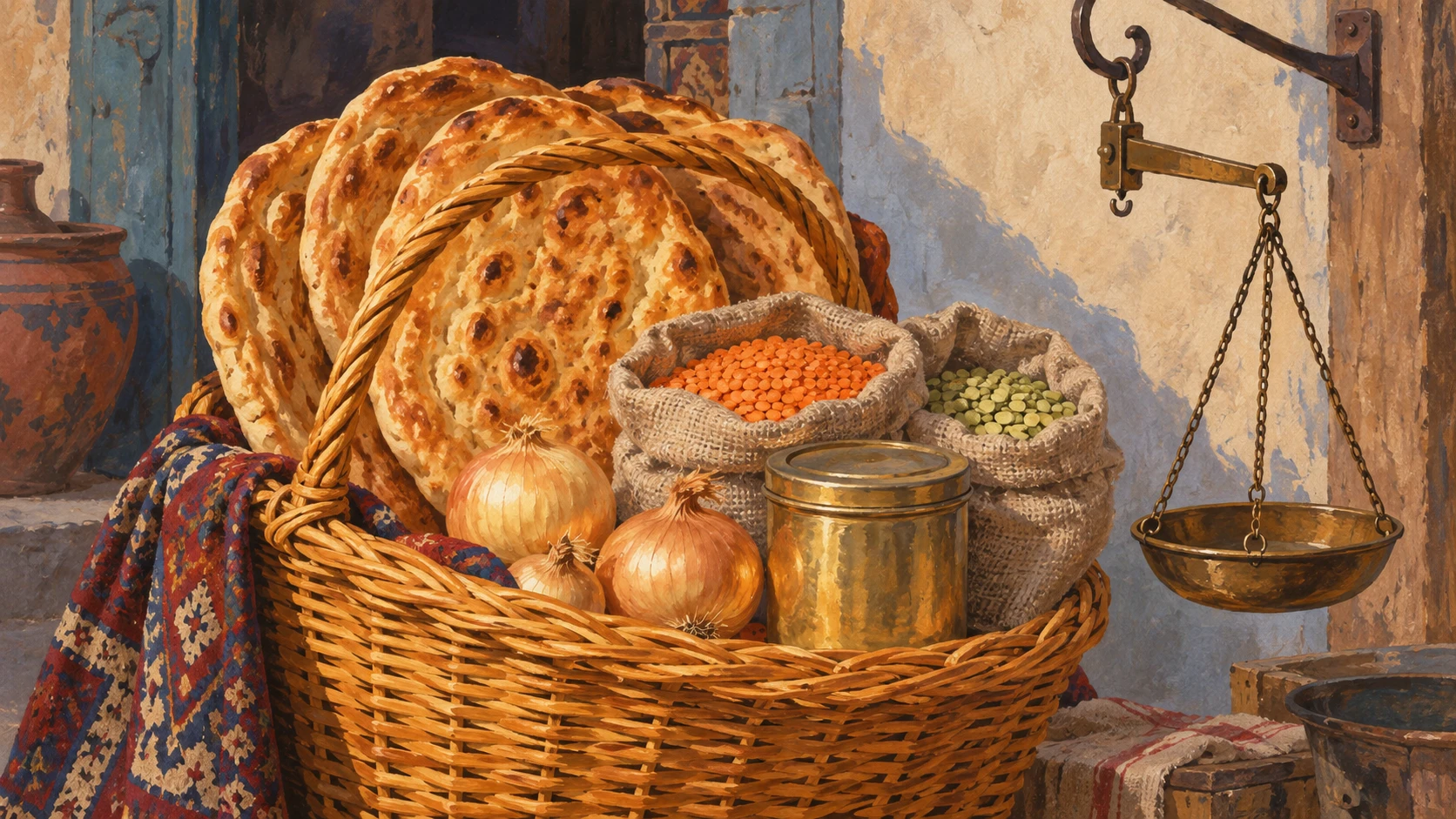 Documentary still life of staple grocery items including sacks of wheat flour, rice, cooking oil, and balance scales in an Afghan market stall.