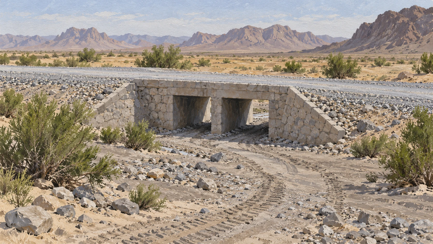 Civil engineering still life of rural transport infrastructure in Nimroz showing an unpaved gravel road with a stone-masonry drainage culvert crossing a dry riverbed.