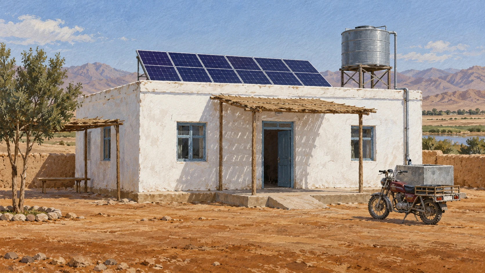 Documentary still life of a rural primary health clinic in Nimroz with a low whitewashed building, rooftop solar panel array, and parked motorcycle on desert earth.