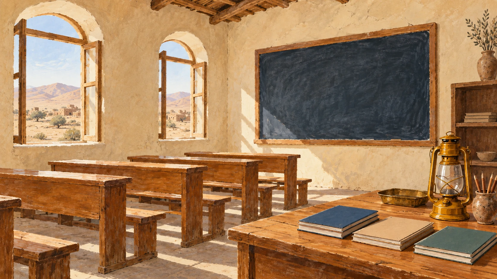 Quiet architectural still life of a rural village primary classroom in Nimroz with wooden benches, a framed chalkboard on an earthen wall, and notebooks on a pine desk.