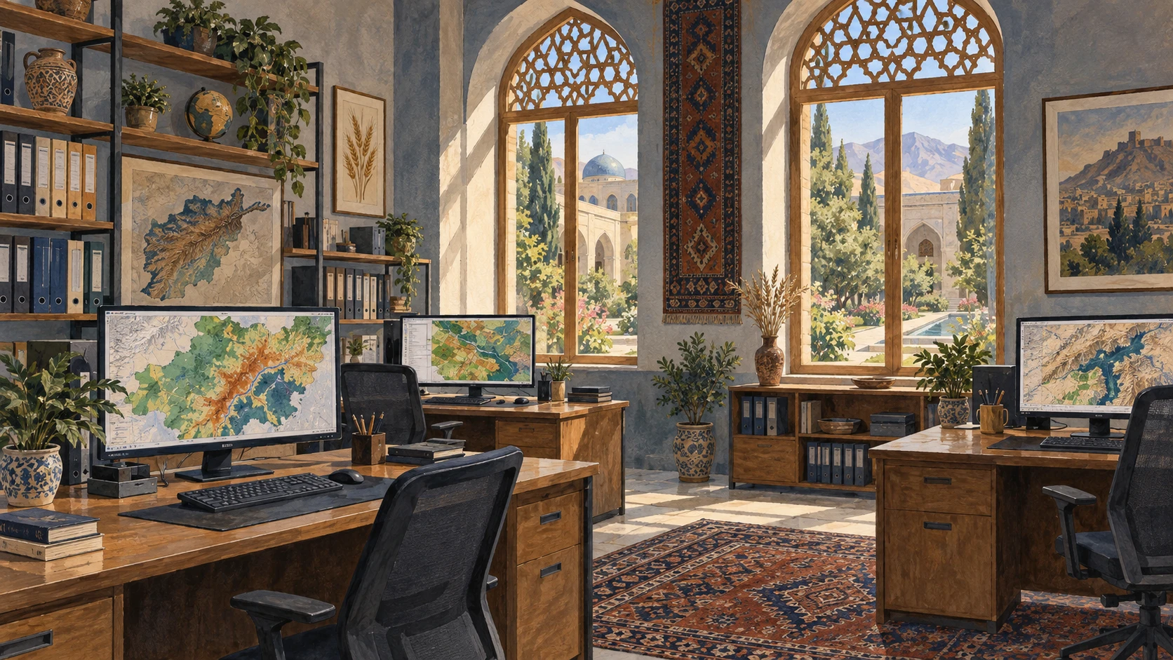 Interior architectural illustration of an agricultural data monitoring and spatial analysis facility in Kabul.