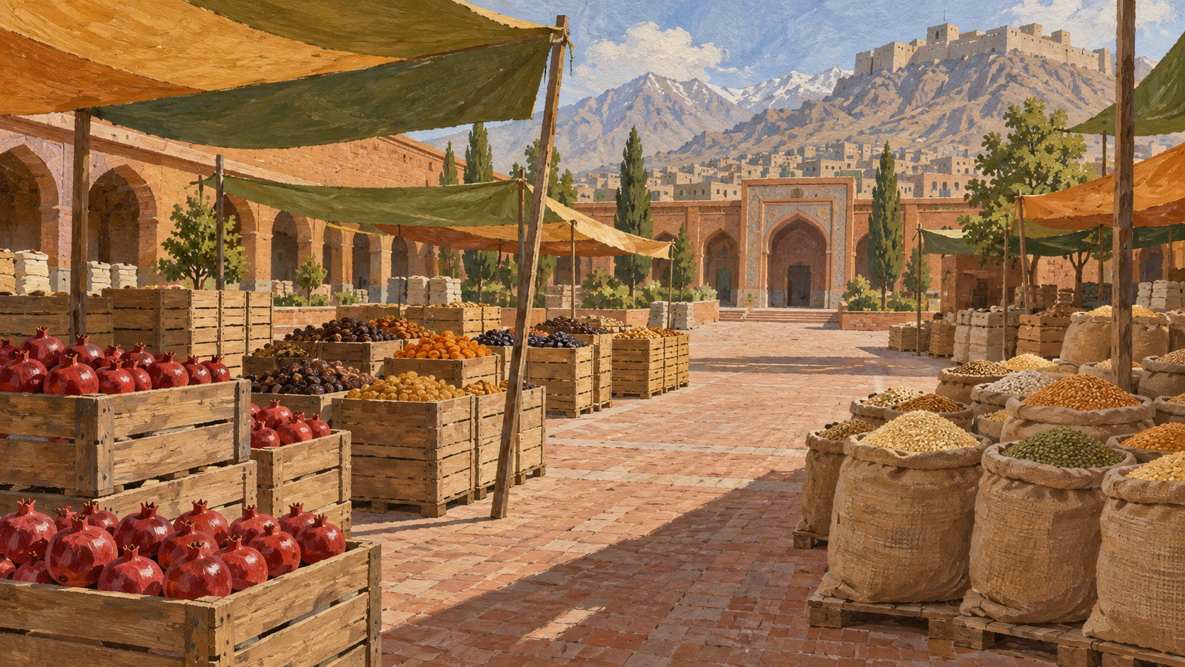 Wide bustling scene of a covered regional wholesale agricultural produce bazaar with sacks of grains and crates of produce.