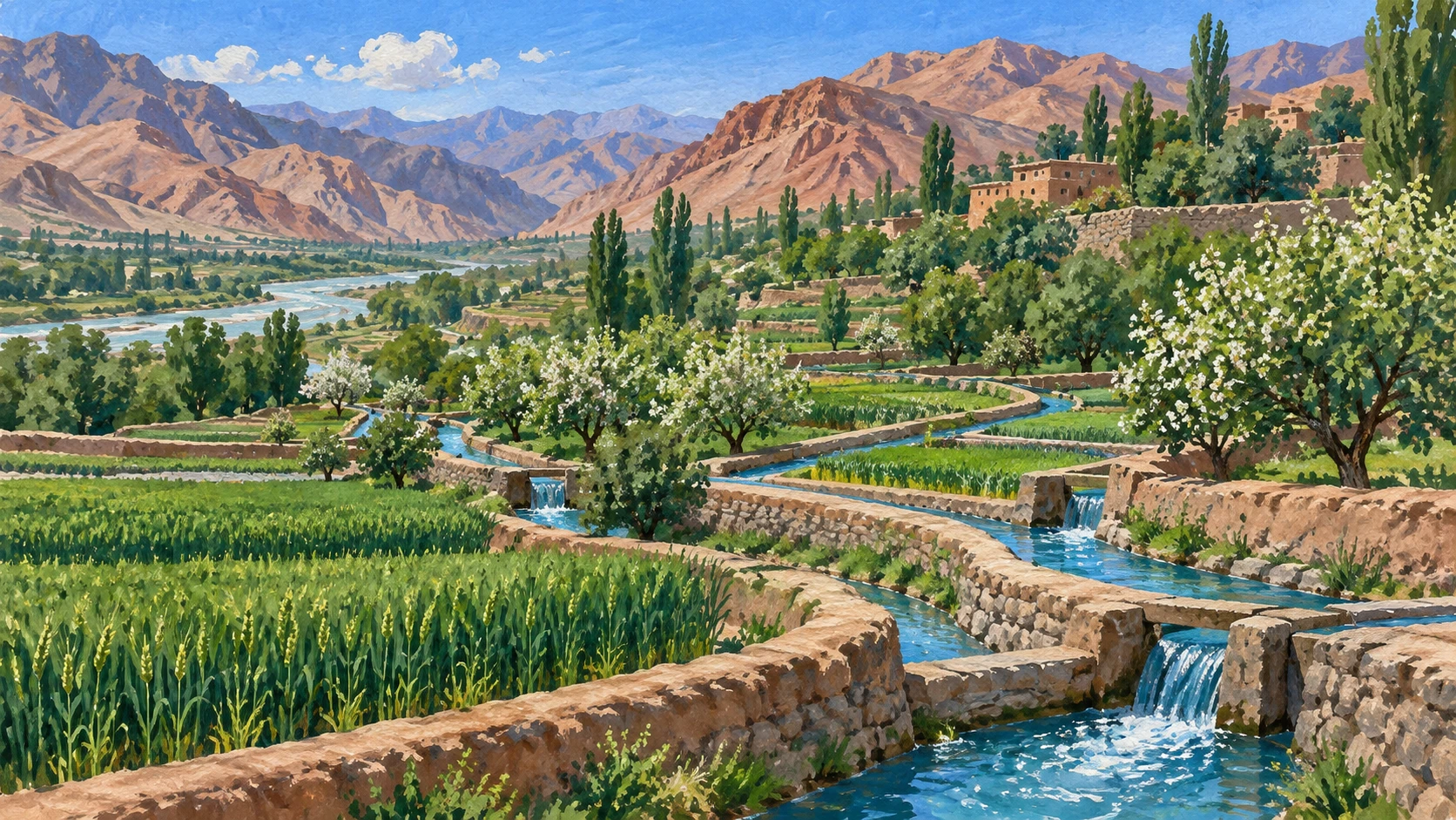Wide exterior landscape illustration of a traditional stone and earth gravity-fed irrigation canal diverting snowmelt across farming terraces.