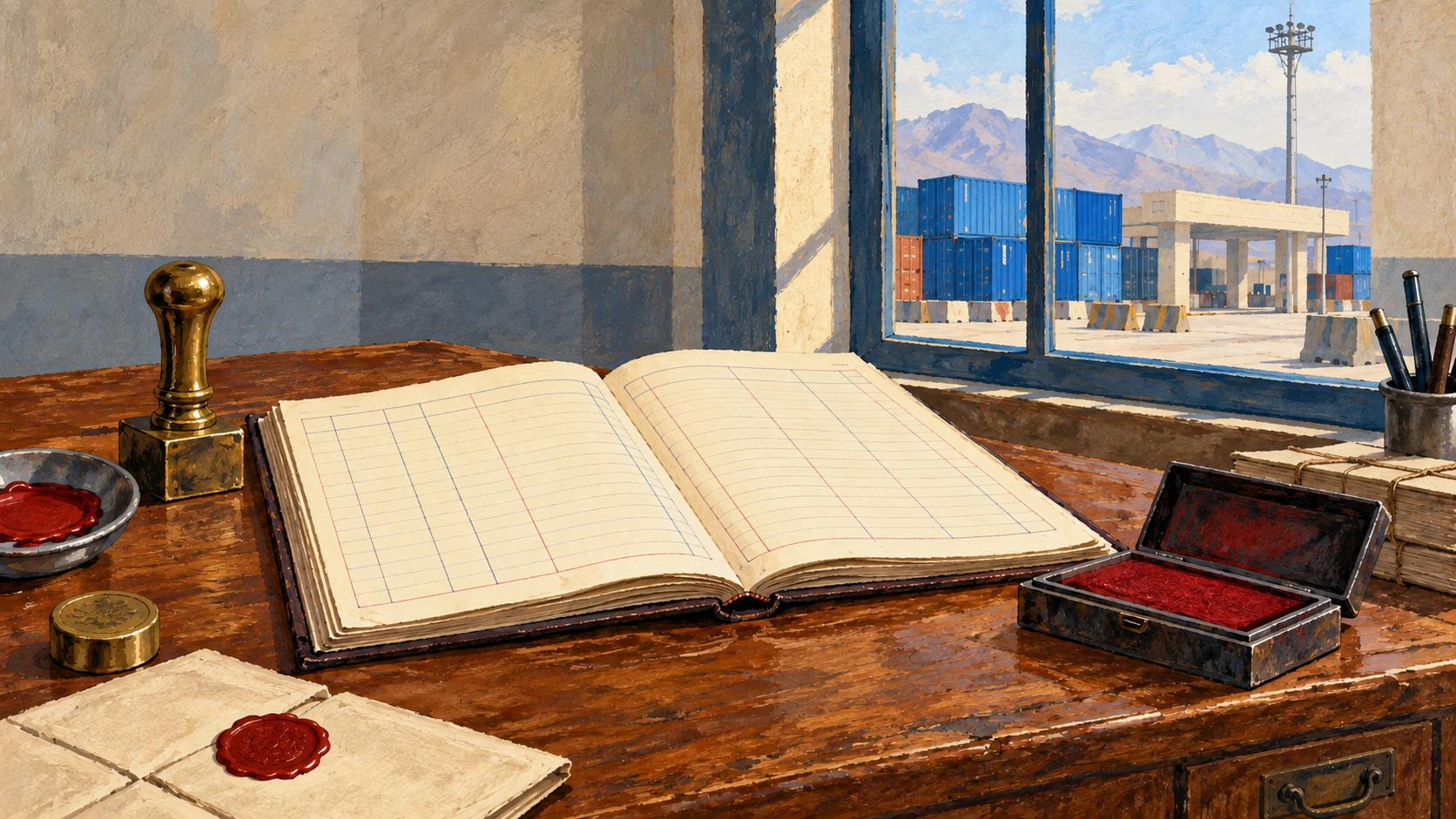 Architectural still life of a customs clearance desk inside an inspection facility with open paper trade ledgers, stamp seals, and electronic manifest screens.