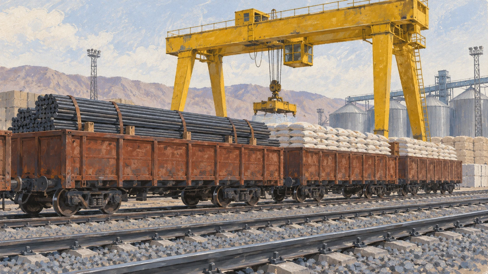 Still life of heavy freight rail transshipment infrastructure with a gantry crane positioned over open steel rail cars and shipping containers at an inland dry port.