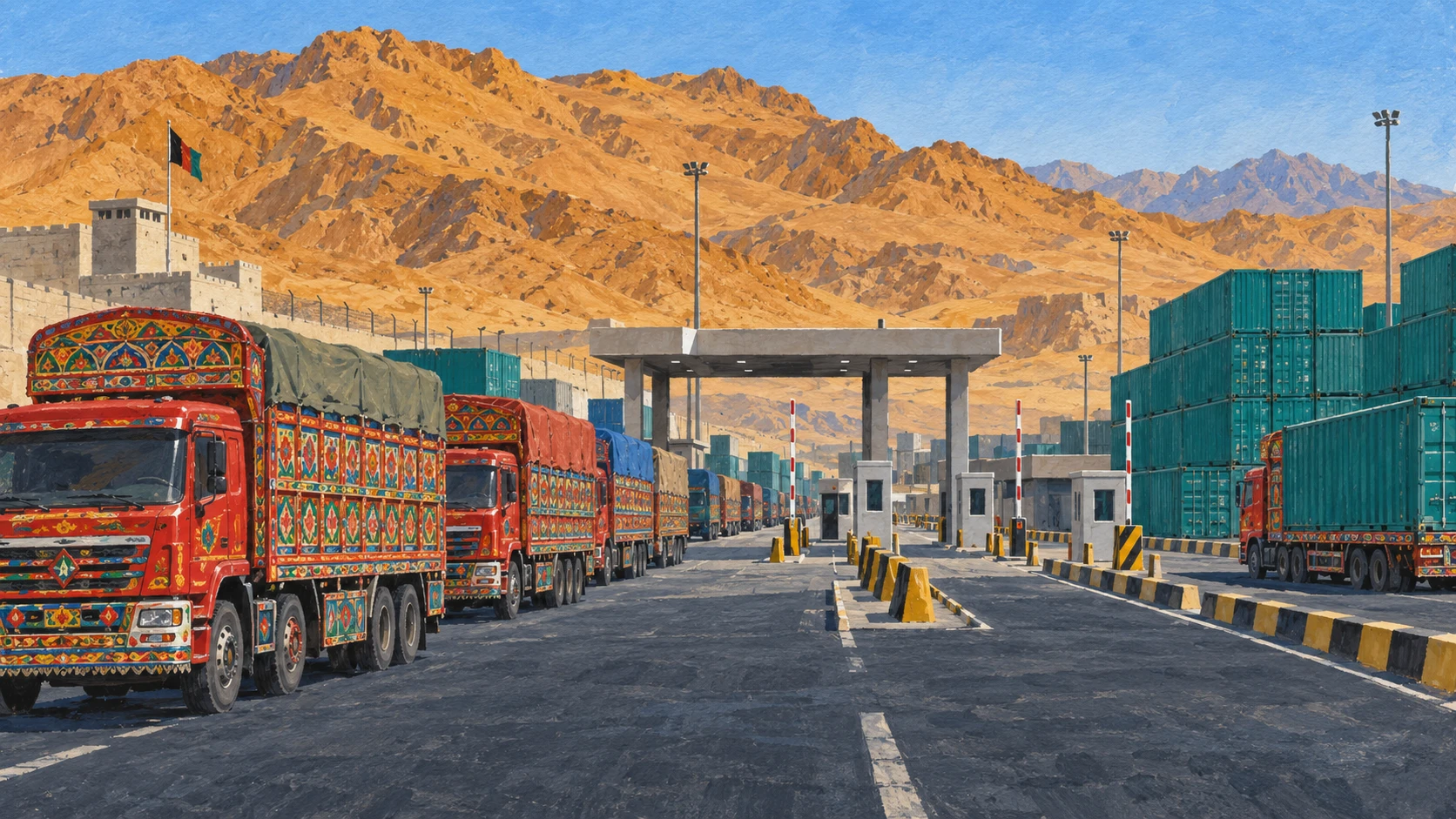 Documentary scene of the Hairatan border crossing rail yard with broad-gauge freight train cars carrying intermodal containers across the Friendship Bridge plain.