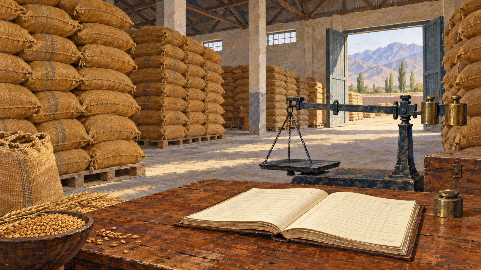 Architectural still life of an agricultural grain trading depot showing stacked jute burlap sacks of wheat grain, a mechanical beam scale, and an open ledger desk.