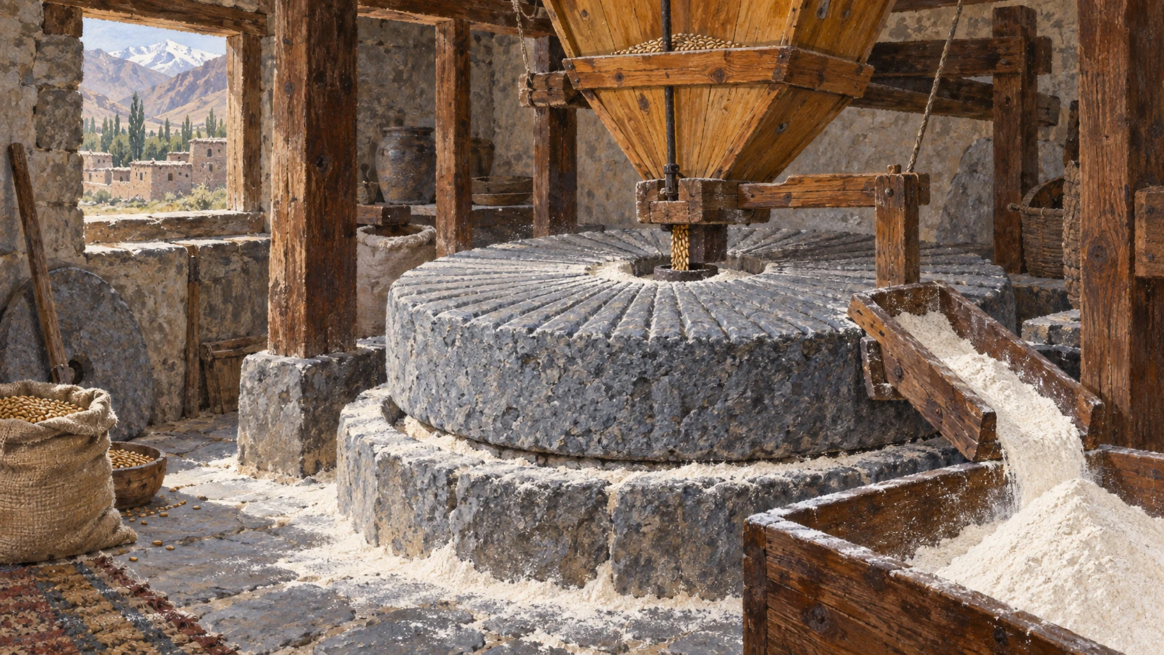 Mechanical still life of a traditional village flour mill interior showing heavy circular millstones, a pine hopper, and flour dust on timber bins.