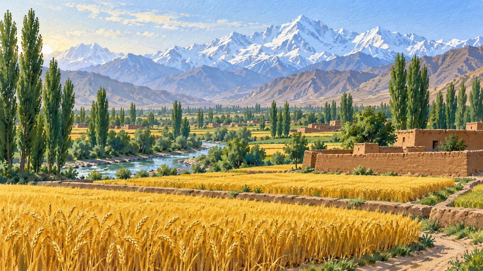 Wide documentary scene of rural Parwan Province showing vast irrigated golden wheat fields ready for harvest stretching along a verdant river plain beneath the Hindu Kush mountains.