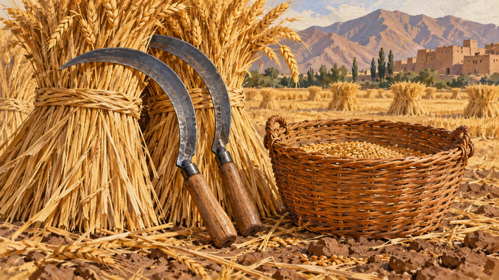 Documentary still life of traditional harvest tools with two curved hand-forged steel sickles resting against tied golden wheat sheaves and a willow measuring basket.
