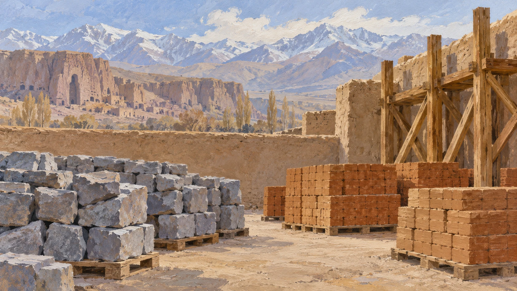 Wide architectural landscape illustration of stone masonry and brick construction on the Bamiyan plateau with orderly stacks of hand-cut local stone.
