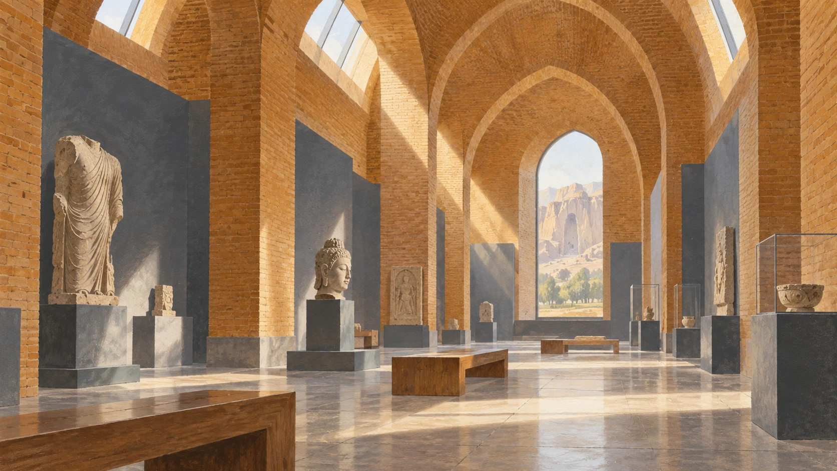Wide interior architectural illustration of the Bamiyan Cultural Centre exhibition gallery with exposed yellow-brick vaulted ceilings.