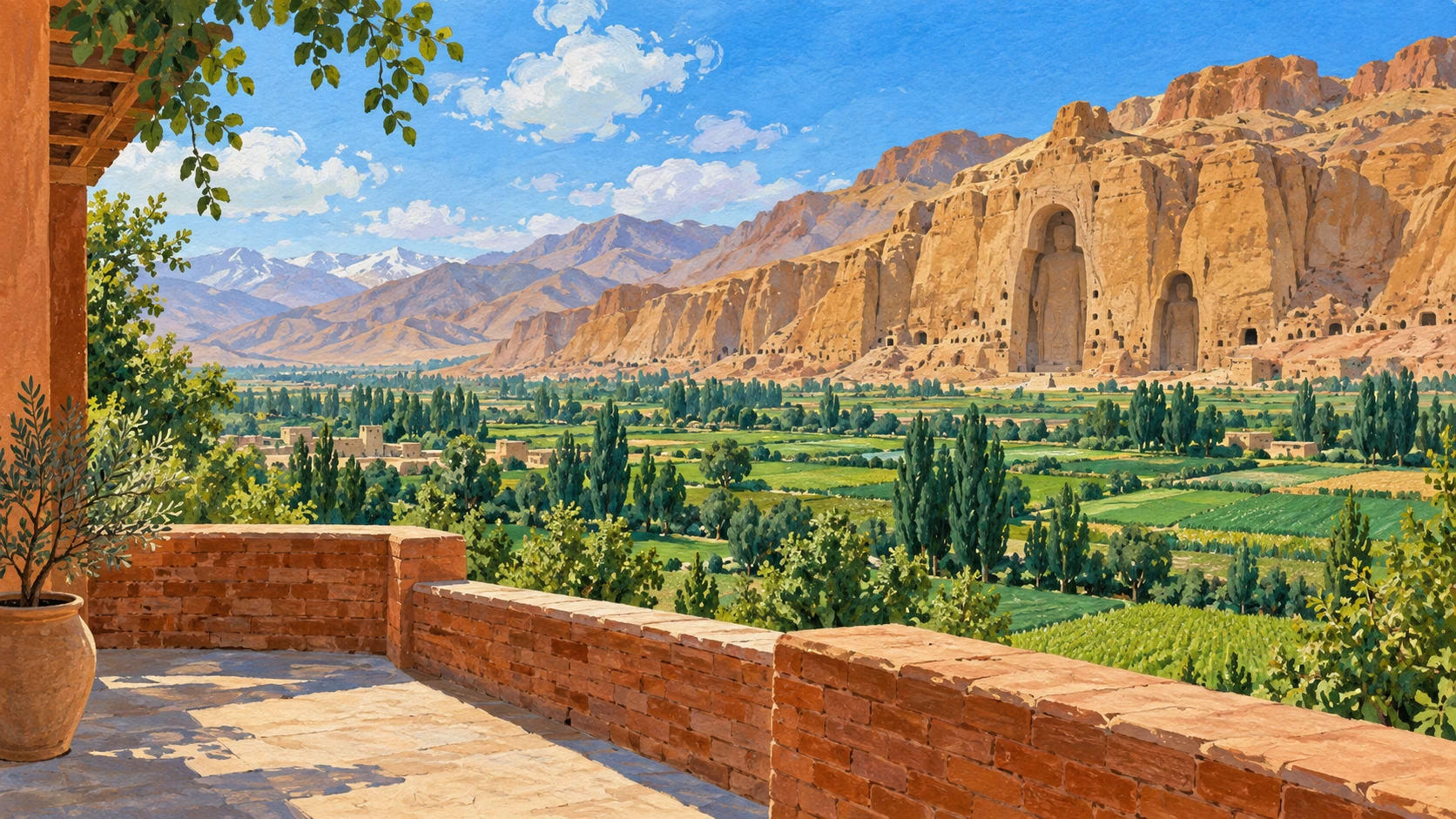 Wide landscape illustration from the exterior viewing terrace of the Cultural Centre overlooking the lush agricultural valley.