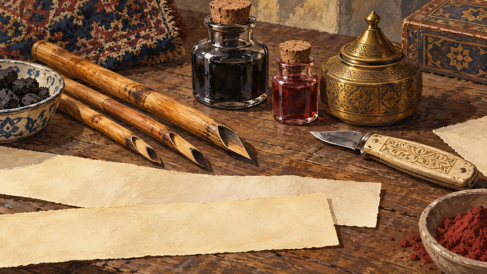 Close detail artisan desk illustration showing traditional Herat calligraphy tools including hand-cut reed pens with angled nibs, carved penknife, glass ink vials, and brass inkwell on weathered wood.