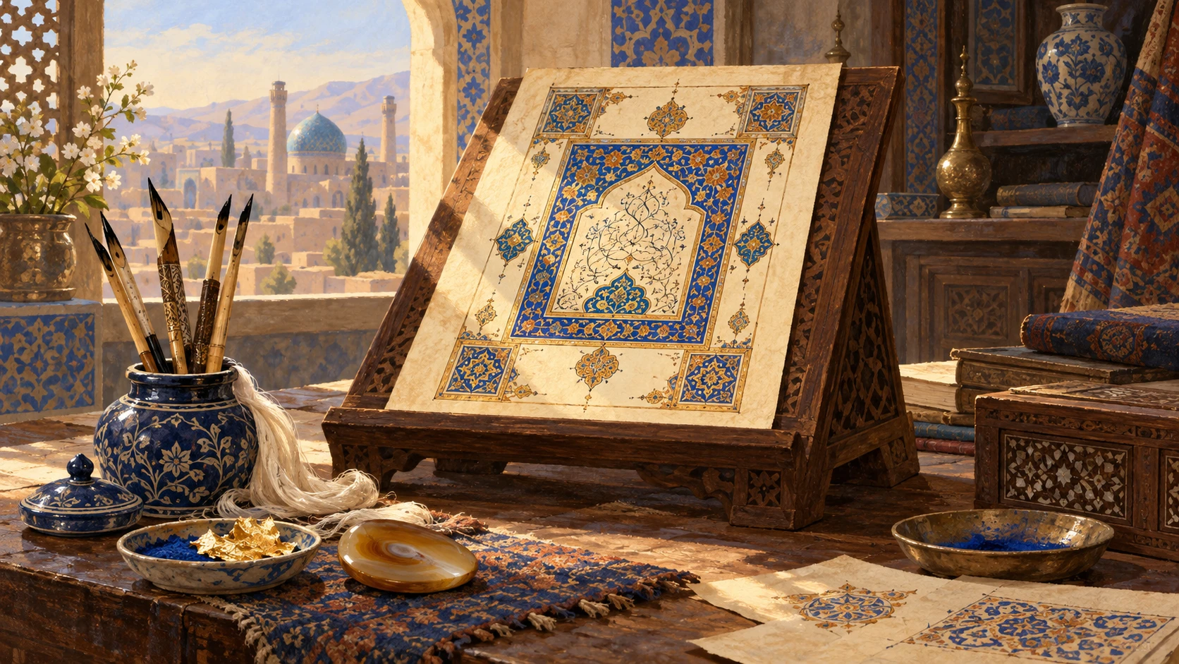 Wide panoramic still life of an authentic Afghan calligraphy master's desk in Herat with an illuminated manuscript page, reed pens, ceramic inkwell, and gold leaf burnishing agate.