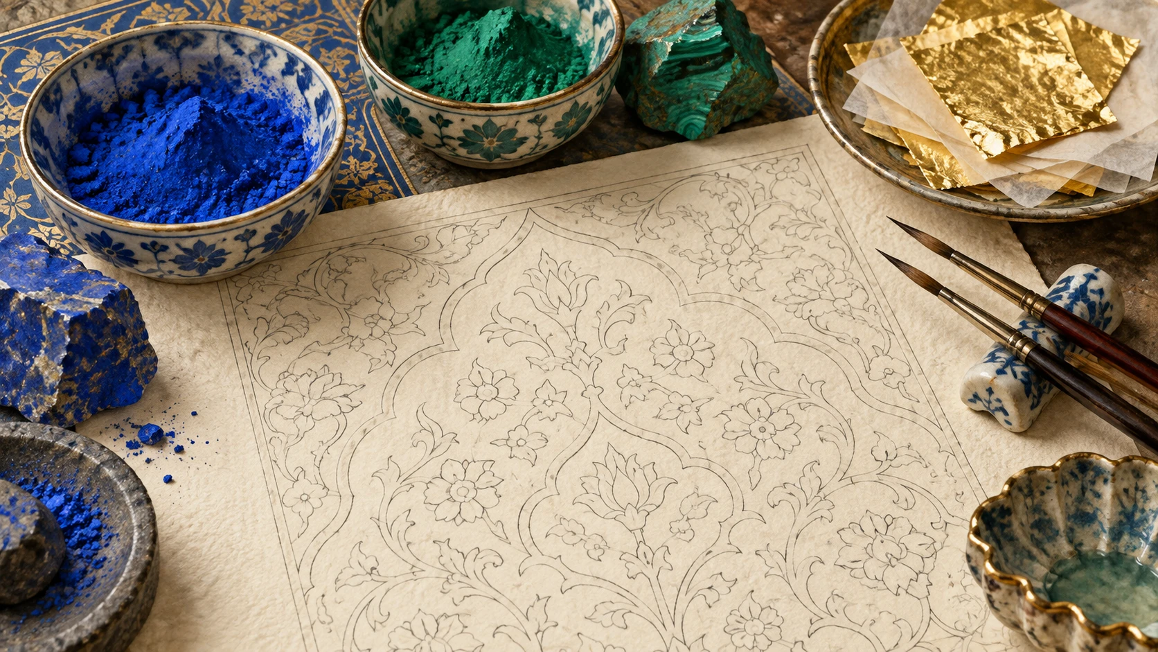 Macro detail architectural still life illustration of traditional Islamic manuscript illumination (tazhib) with arabesque patterns, lapis lazuli pigment bowls, gold leaf sheets, and pointed squirrel-hair brushes.
