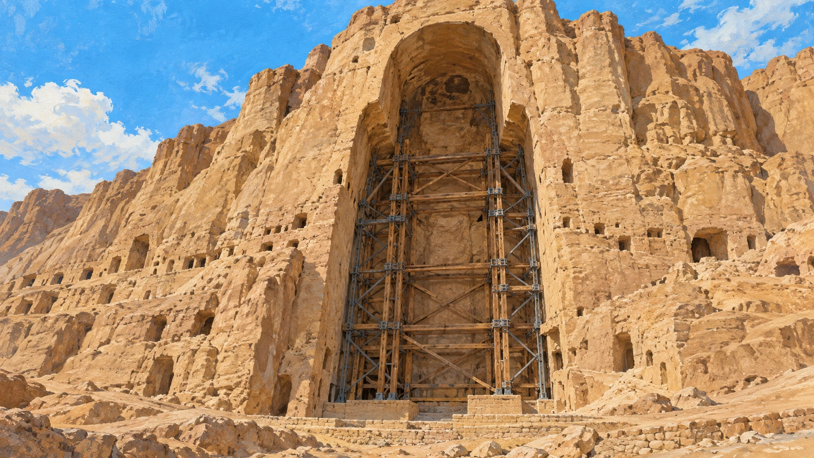 Wide architectural landscape illustration of the colossal Eastern Buddha cliff niche with timber and steel conservation scaffolding.