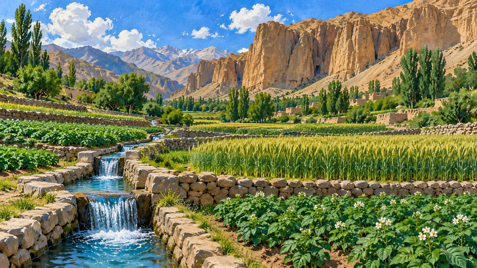 Wide exterior landscape illustration of stone irrigation channels watering terraced potato and wheat fields in Foladi Valley.