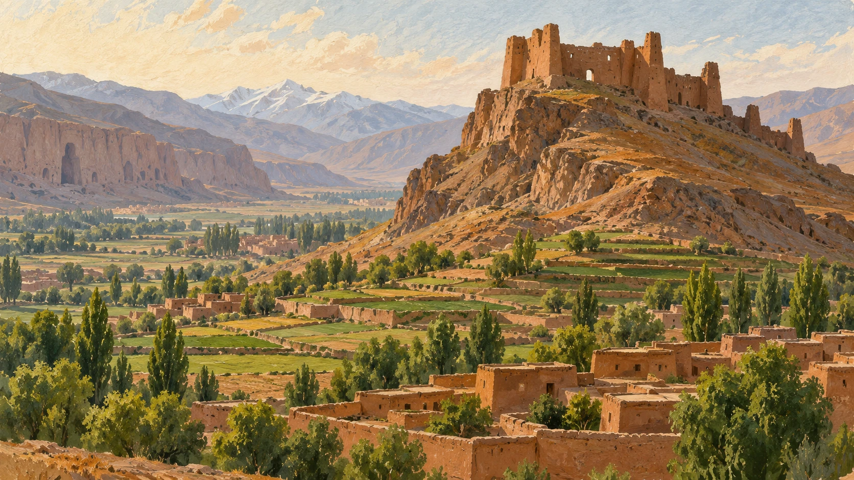 Wide scenic landscape illustration of the historic earthen fortress ruins of Shahr-e Ghulghula crowning a rugged hill.