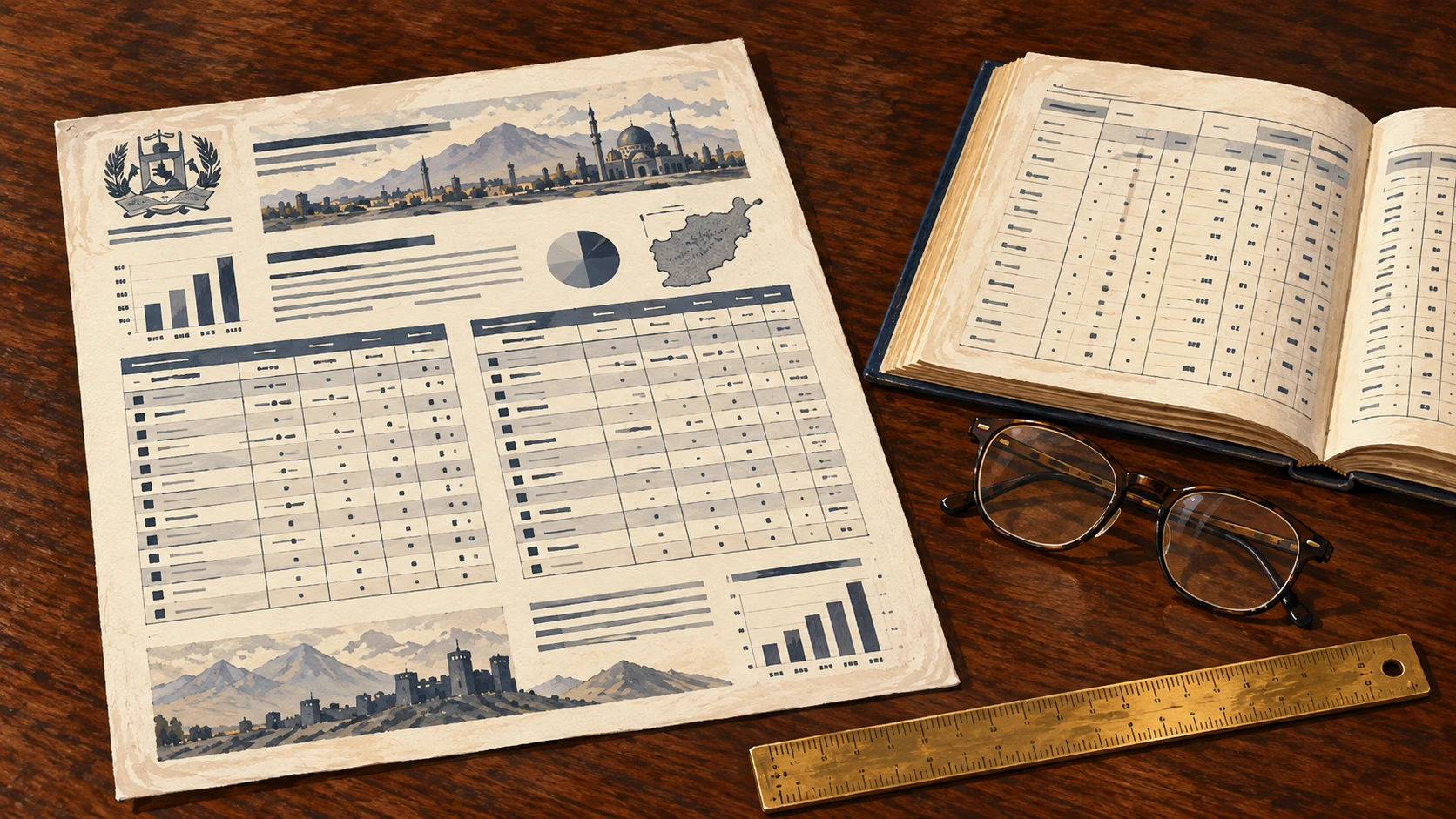 Still life photography of an open printed economic statistical bulletin featuring parallel Dari and Pashto column headers and numerical data tables.