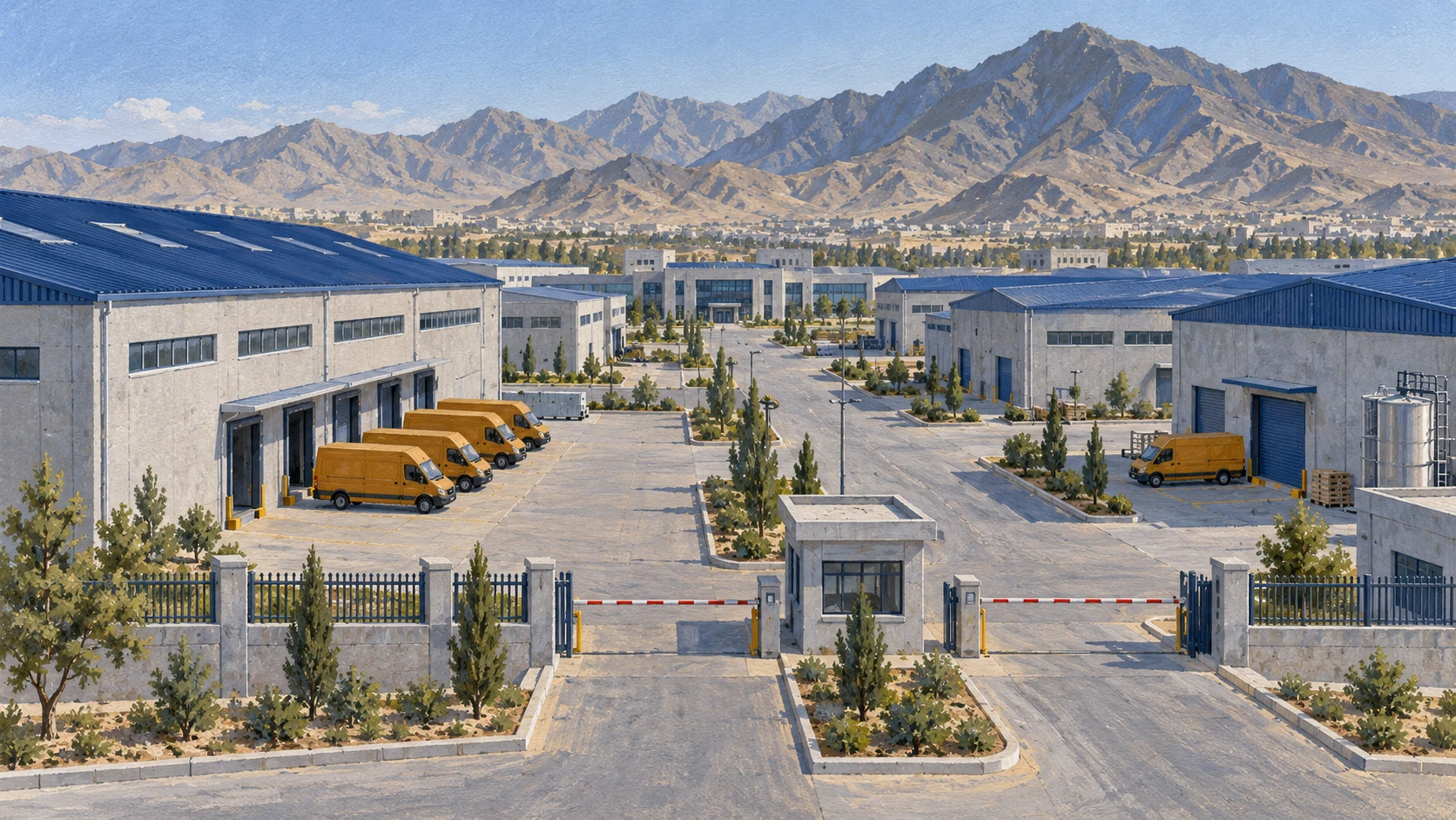 Documentary architectural scene of an orderly manufacturing industrial park in Kabul showing clean concrete factory sheds, loading docks, and cargo delivery vans.