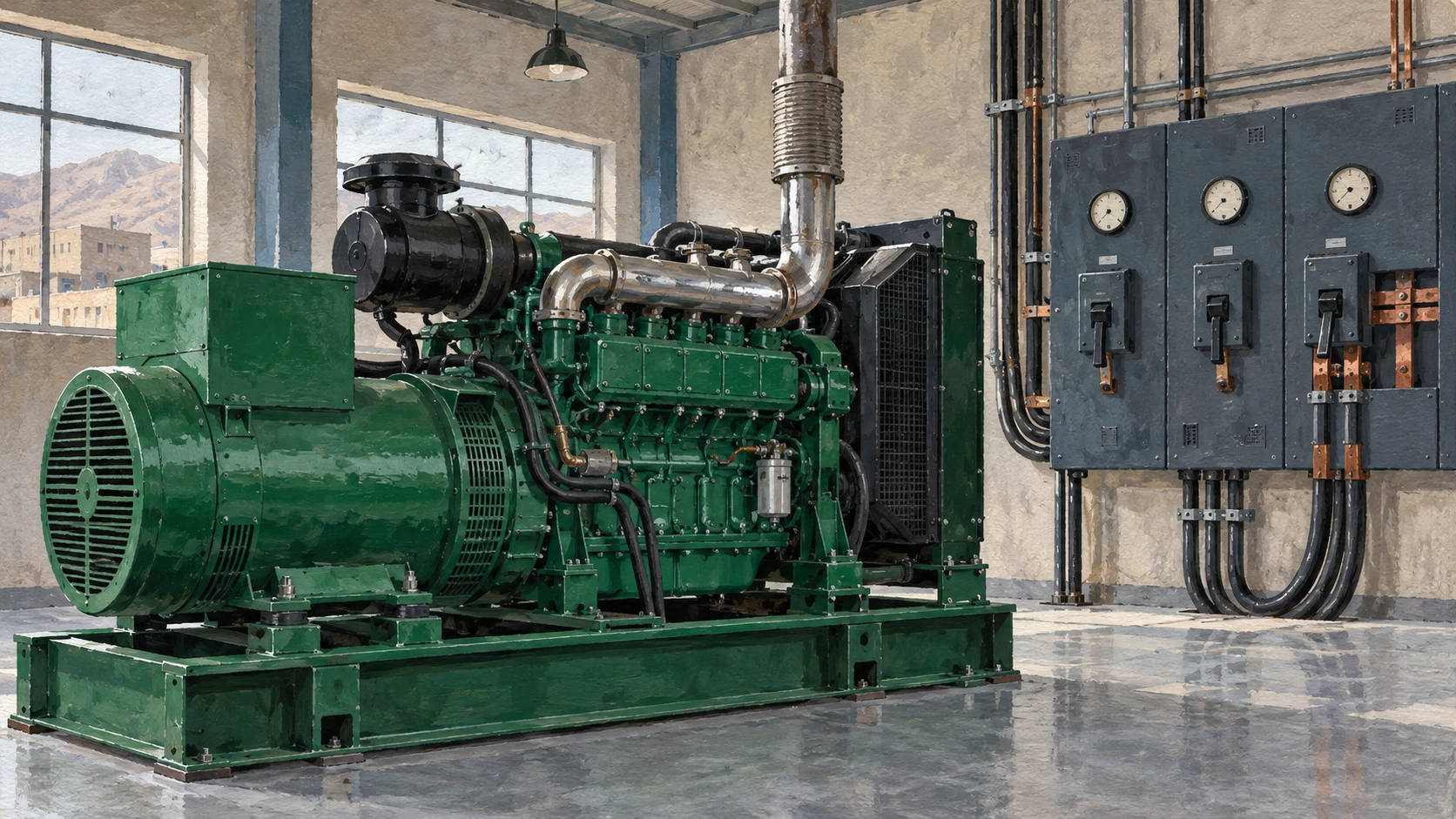 Industrial still life of a heavy green diesel backup power generator and electrical distribution breaker board inside an Afghan manufacturing plant.
