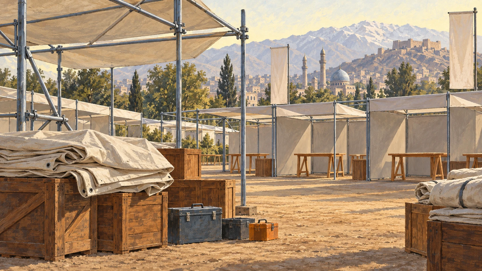 Architectural still life of civic exhibition staging inside a public event grounds in Kabul with tubular steel scaffolding framework, folded tarpaulins, and wooden display tables.