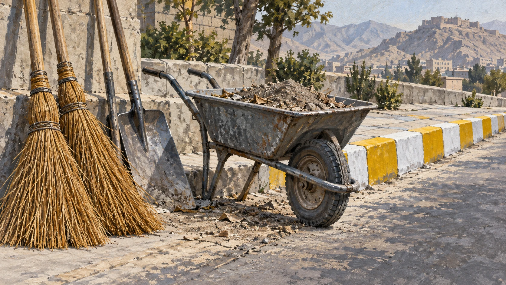 Detailed documentary still life of Kabul municipal street cleaning equipment showing stiff twig brooms, metal shovels, and freshly painted yellow and white striped curb stones.