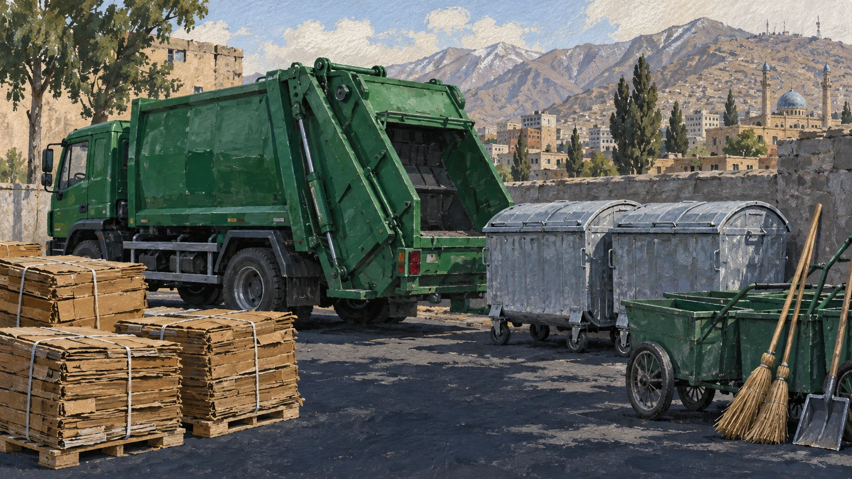 Detailed municipal logistics still life of urban waste management in Kabul with a green municipal waste collection truck, heavy galvanized dumpsters, and cardboard bundles.