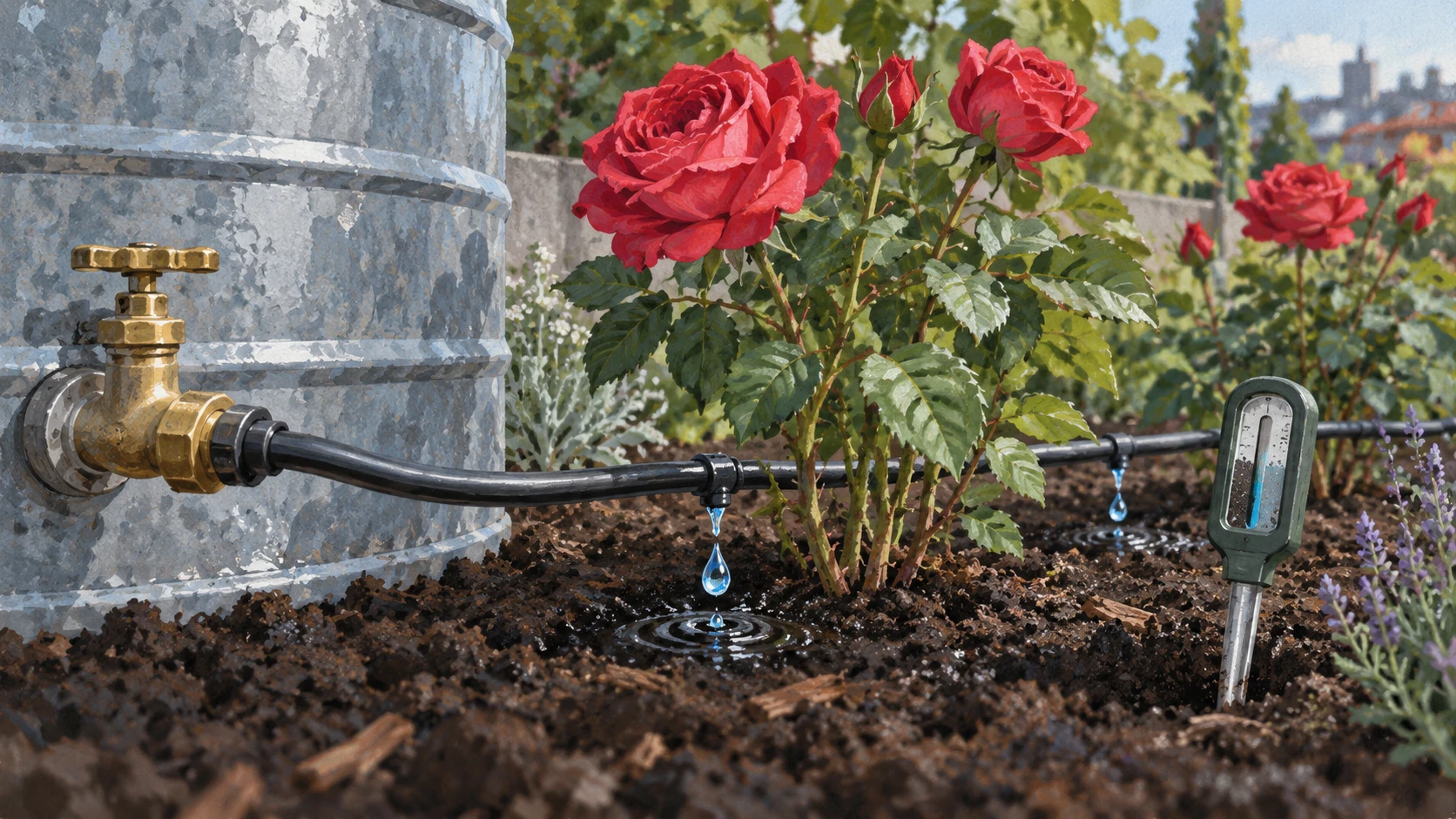 Macro detail technical still life of urban horticultural water management with a galvanized water cistern, brass valve, and drip-irrigation tubing delivering water to rose plants.