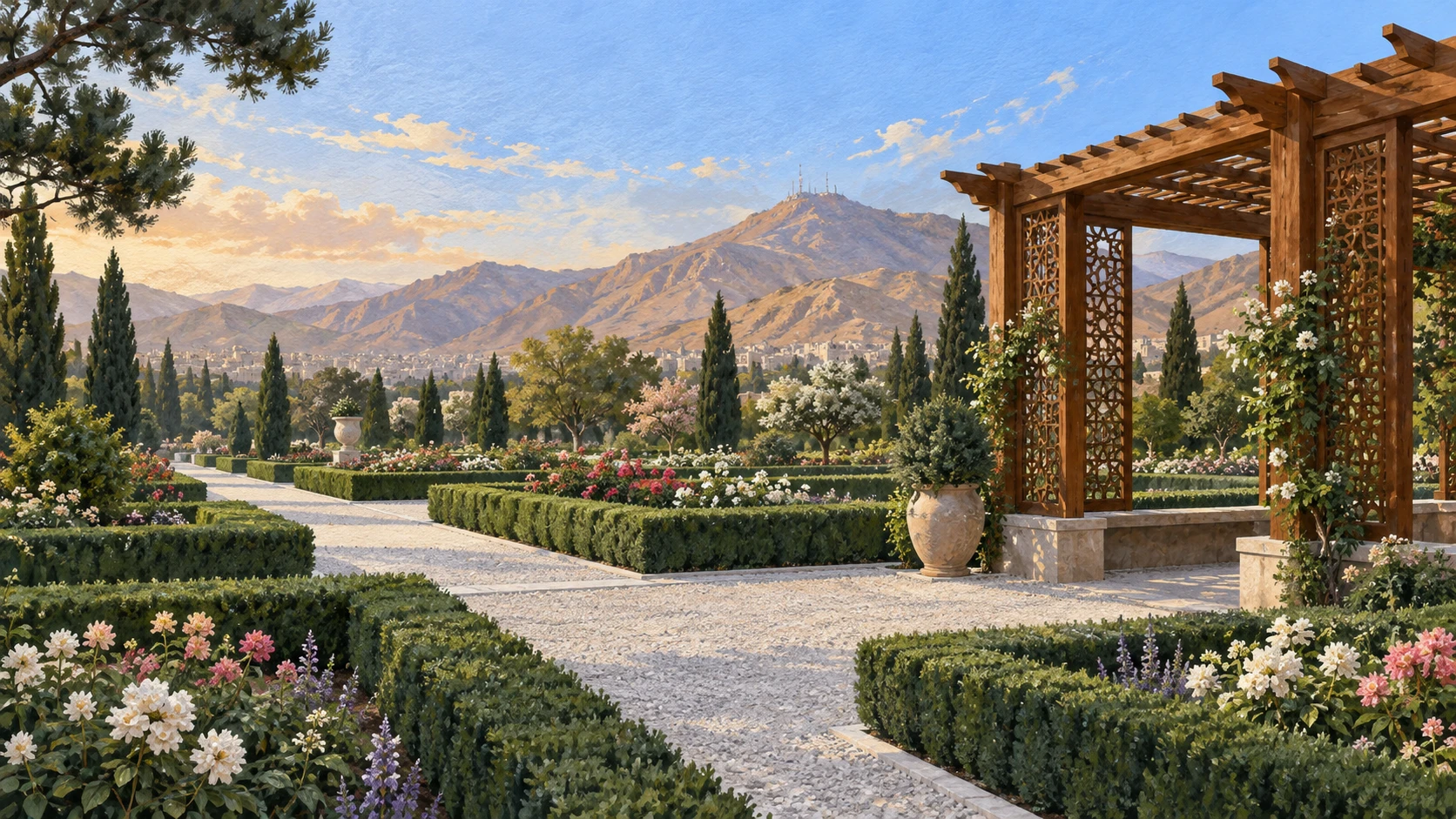 Wide architectural landscape illustration of a public botanical exhibition park in Kabul with geometric gravel paths, cypress hedges, blooming flowerbeds, and an open pergola.