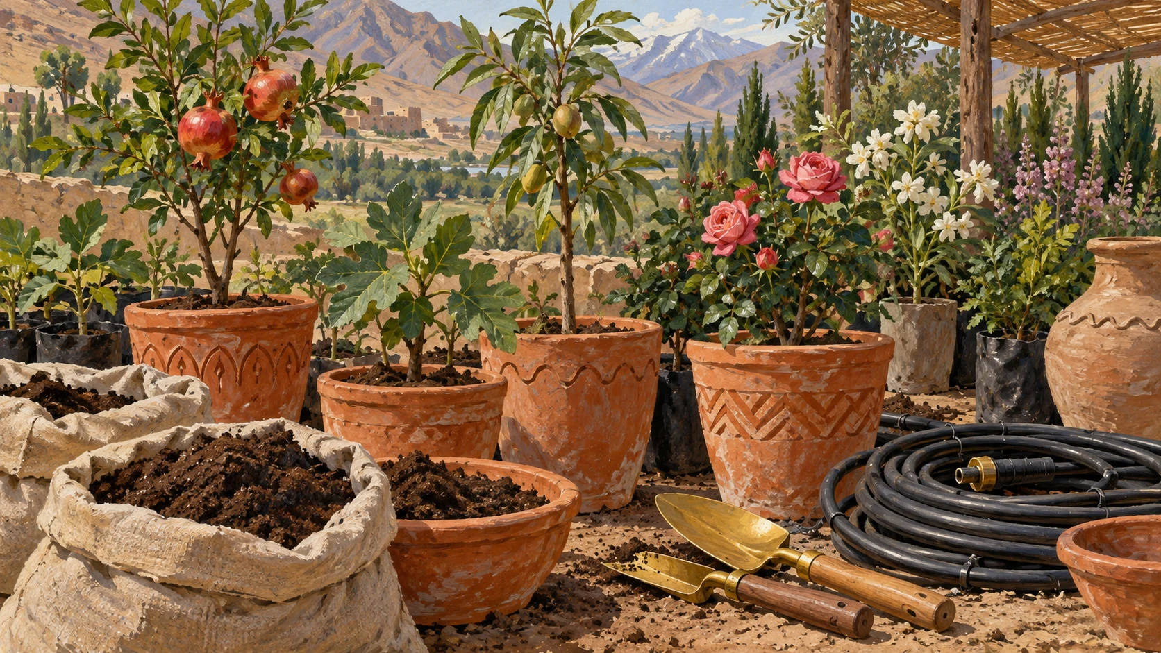 Close detail still life of Afghan ornamental plant nursery cultivation showing young fruit saplings in terracotta pots, bags of enriched compost, and brass trowels.