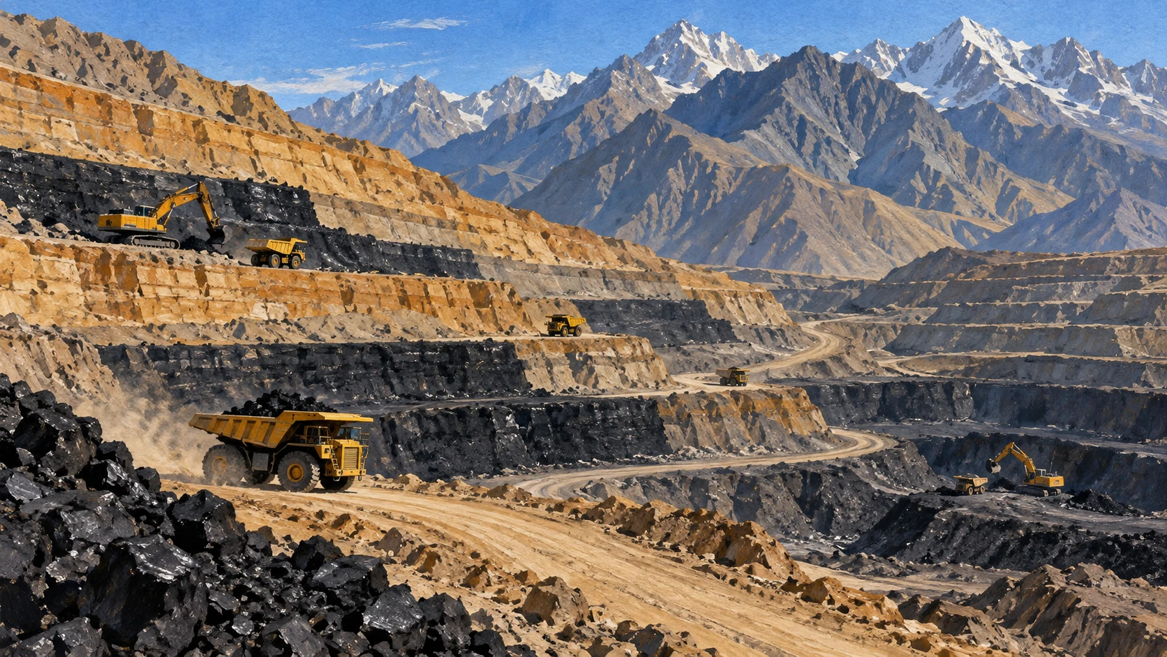 Documentary scene of a terraced open-cast coal mine in northern Afghanistan with stepped hillside benches, dark coal seams, and mining machinery in the Hindu Kush mountains.