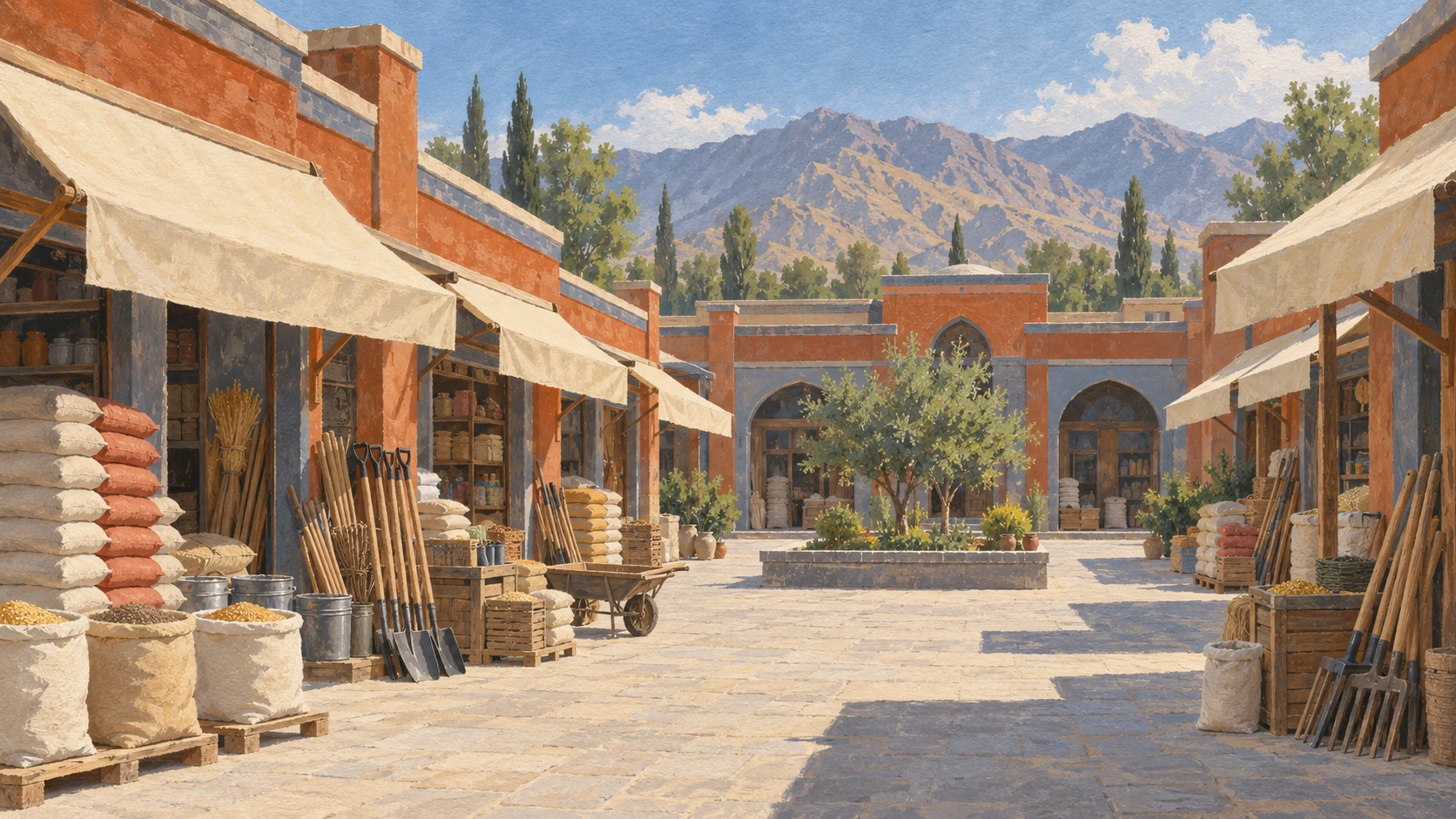 Wide architectural landscape illustration of the Aria Parwan commercial market courtyard in Charikar.