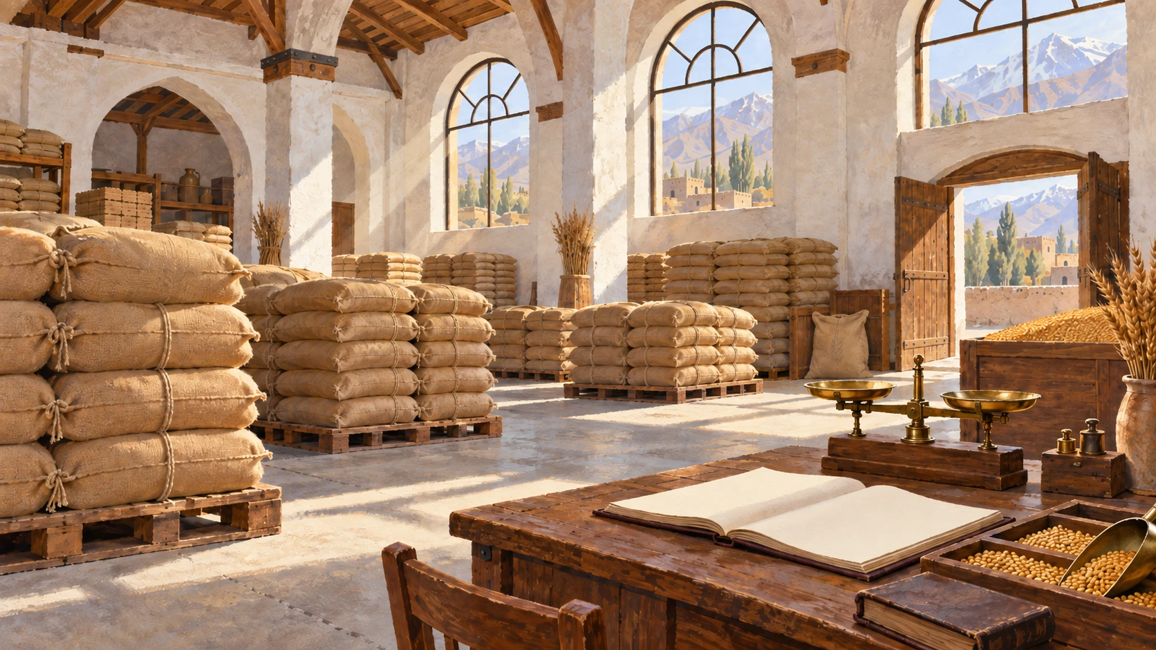 Wide interior architectural illustration of a certified wheat seed and agricultural input warehouse in Parwan.