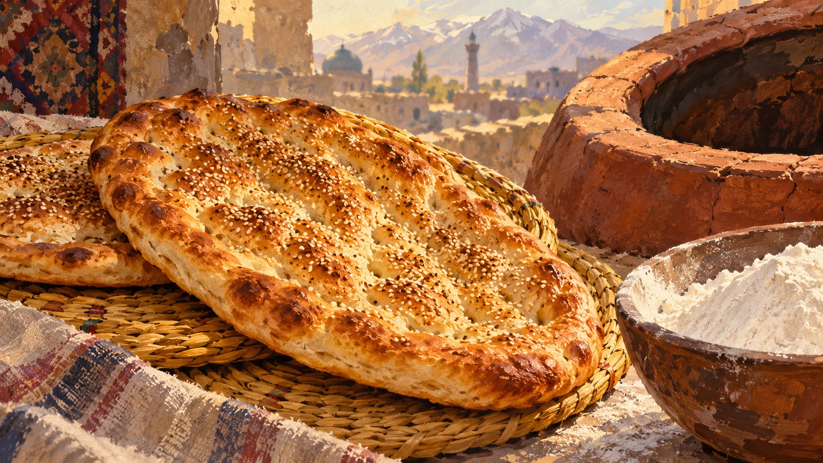 Documentary still life inside a traditional Afghan bakery in Kabul showing freshly baked oval naan flatbread stacked on wooden racks beside a clay tandoor oven.