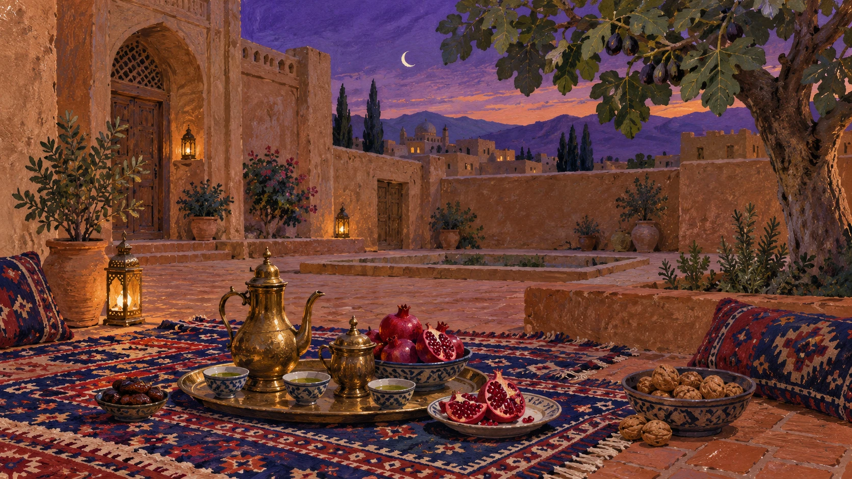 Serene still life of an authentic Afghan household courtyard during Ramadan twilight with a woven dastarkhan carpet, clay water pitcher, dates in a copper bowl, and green tea pot.