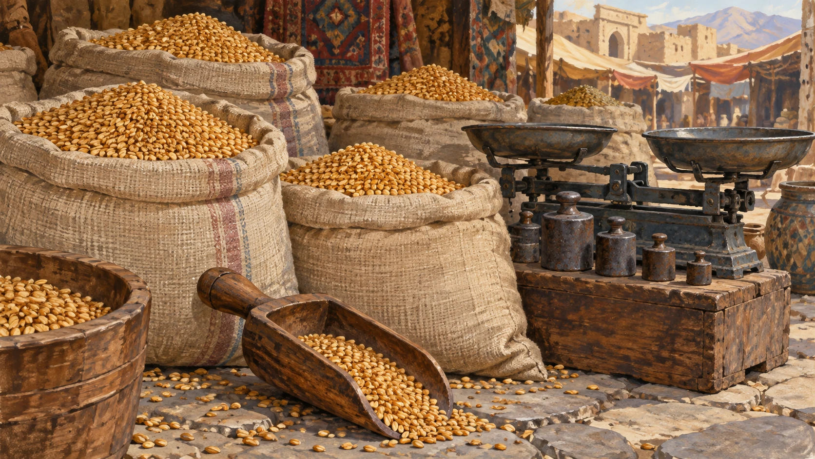Detailed still life of wheat grain trading in Kabul with open woven burlap sacks of golden wheat, a traditional iron weighing scale with metric weights, and wooden scoops.