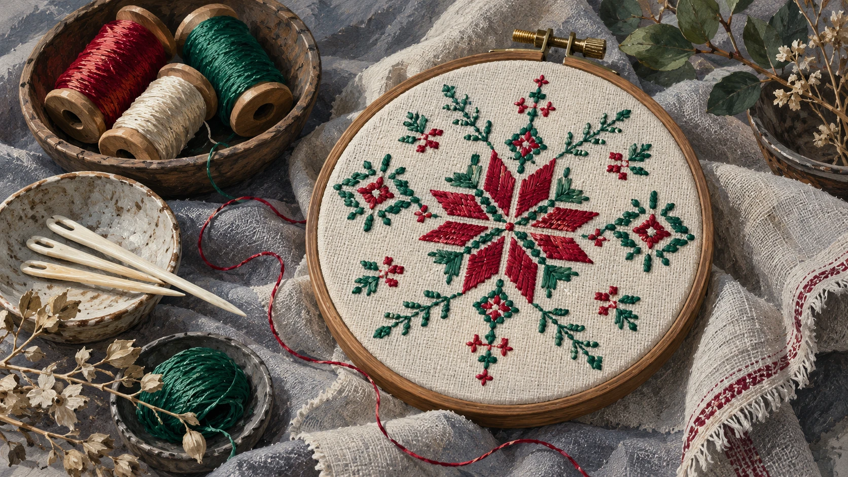 Macro detail artisan needlework illustration of fine counted-thread satin stitch silk embroidery showing intricate geometric khamak patterns on cotton fabric.