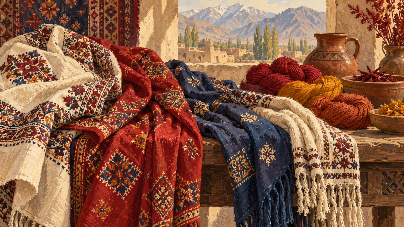 Artisan still life showing authentic hand-embroidered Ghazni silk textiles with geometric solar motifs arranged beside hand-spun wool skeins and a wooden needle case.
