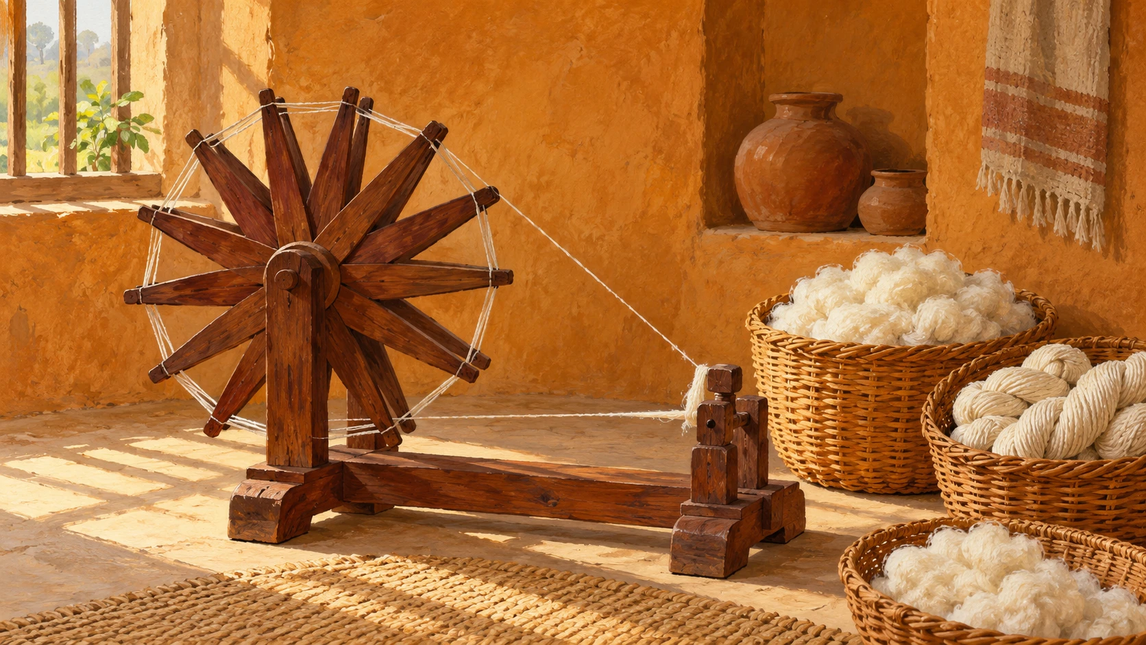 Artisan workshop still life featuring a traditional wooden charkha spinning wheel, hand-carded sheep fleece, and vegetable-dyed wool yarn skeins in madder and walnut tones.