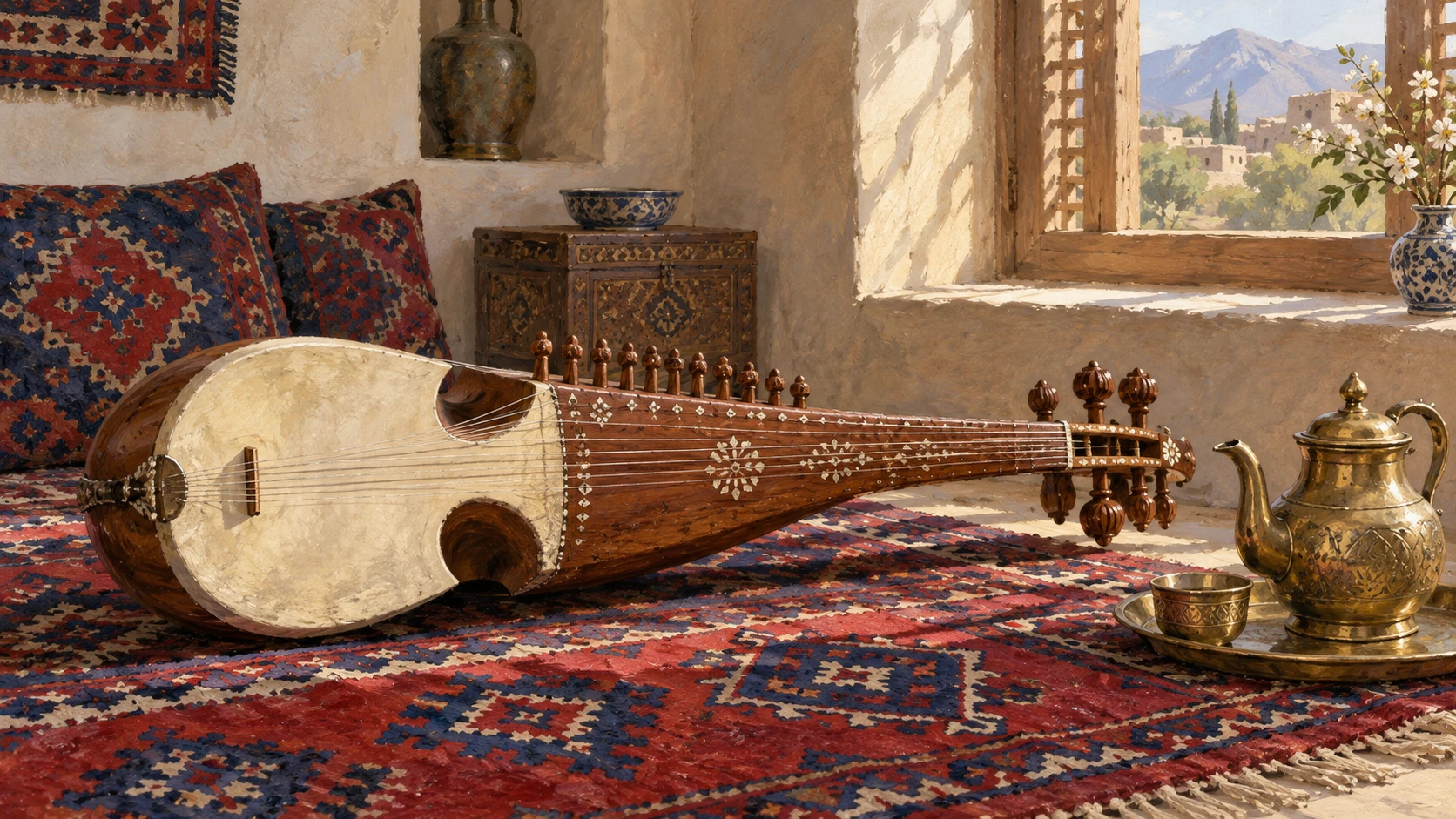 Wide panoramic still life of an authentic Afghan rubab resting gracefully on a traditional woven crimson and indigo tribal kilim rug beside an antique brass tea pot.