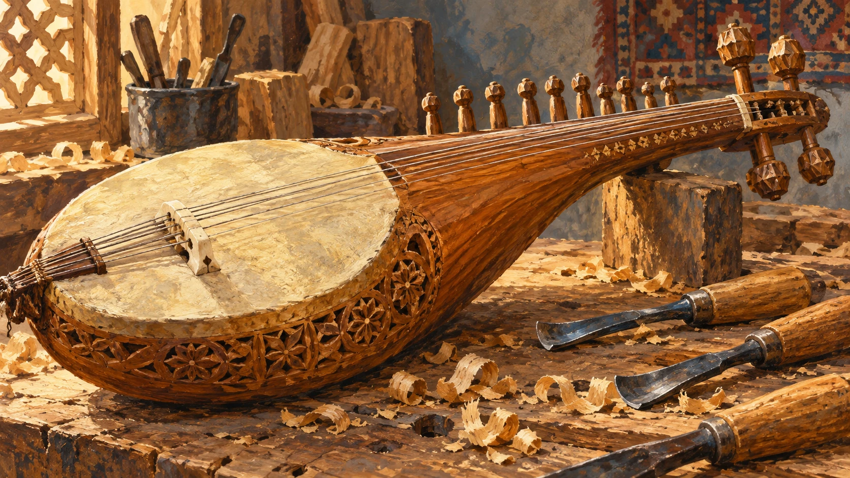 Close detail artisan workshop illustration showing the carved hollow body of an Afghan rubab with single-piece carved mulberry wood resonator and goat parchment skin soundboard.