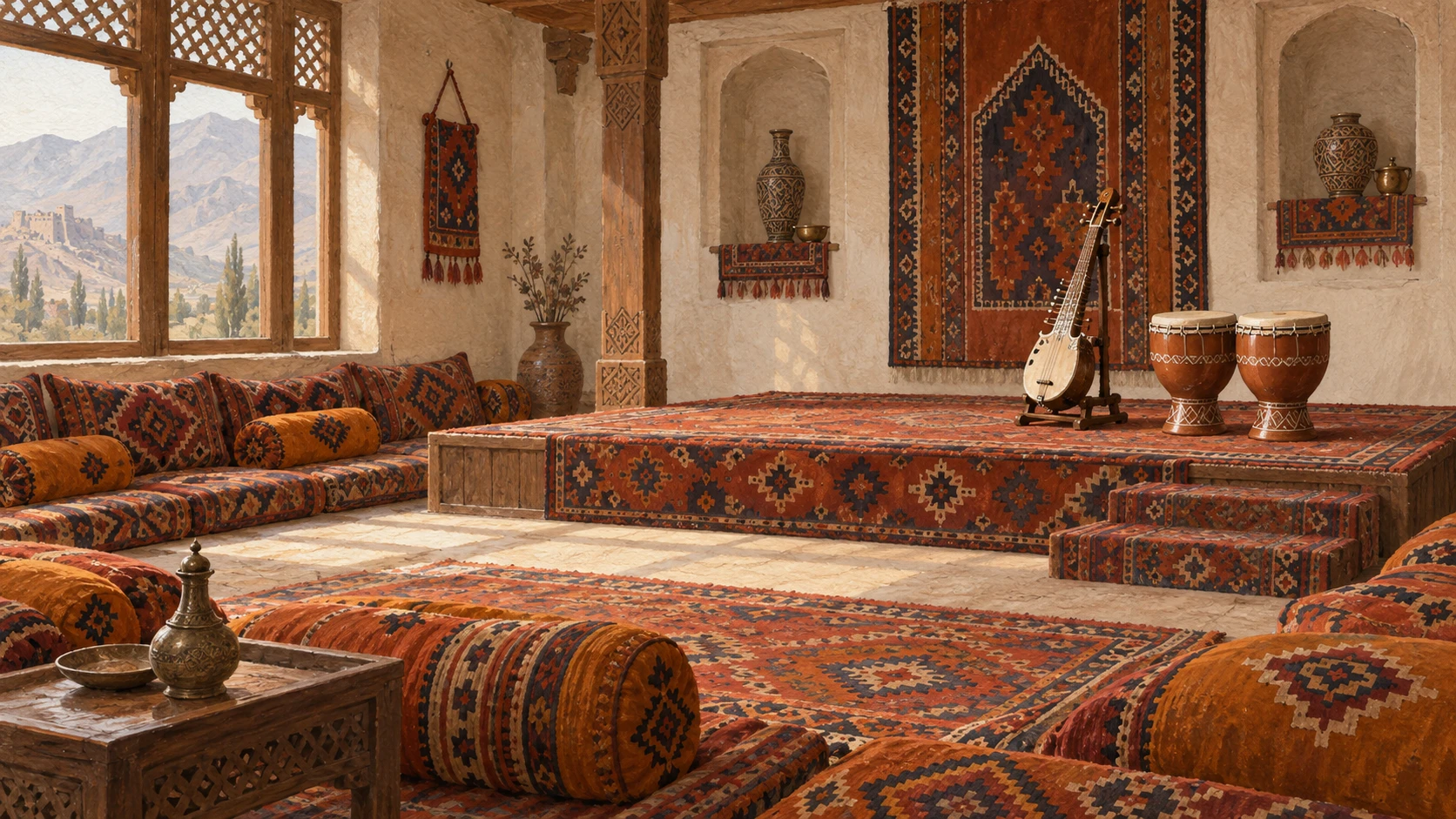 Wide interior illustration of a traditional Afghan musical gathering room with floor cushions, Herat textiles, an empty low wooden carpeted stage, and a rubab on a stand beside zerbaghali goblet drums.