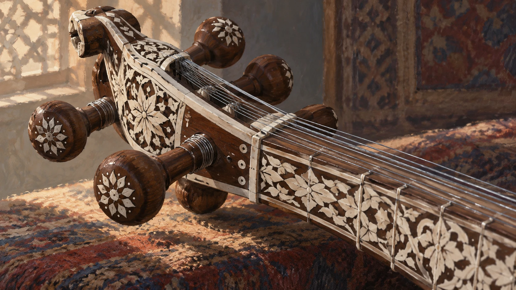 Macro detail architectural still life illustration of the pegbox and upper neck of an Afghan rubab with intricate carved bone inlay, lateral wooden tuning pegs, and steel sympathetic strings.