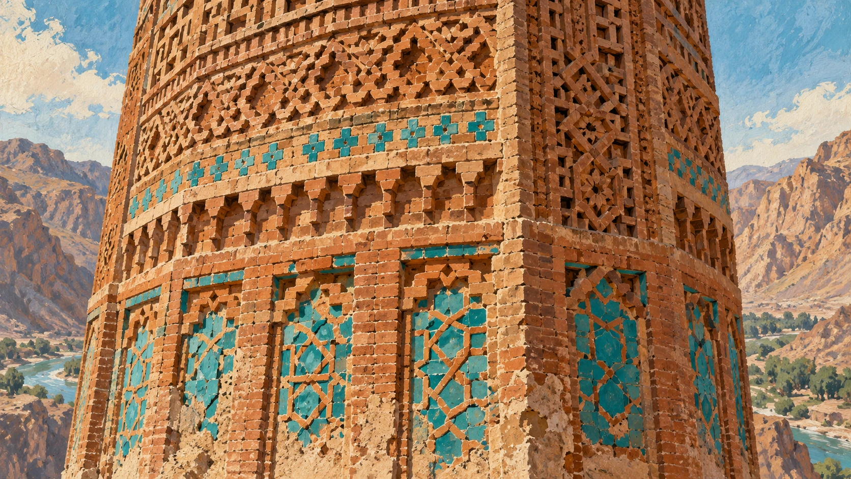 Close detail architectural illustration of the ornate decorative baked-brick relief bands and turquoise glazed ceramic tilework on the octagonal lower shaft of the Minaret of Jam.