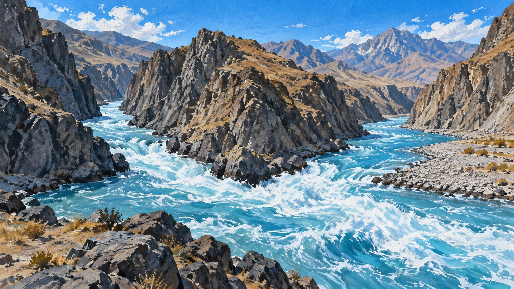 Wide scenic landscape illustration of the confluence of the turbulent Hari Rud and Jam Rud rivers rushing between steep jagged rocky canyon gorges.