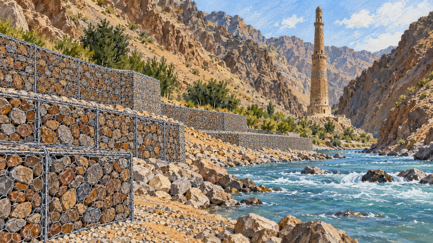 Wide architectural landscape illustration of stone-filled wire gabion flood dikes and engineered retaining walls along the rocky riverbank at the base of the Minaret of Jam.